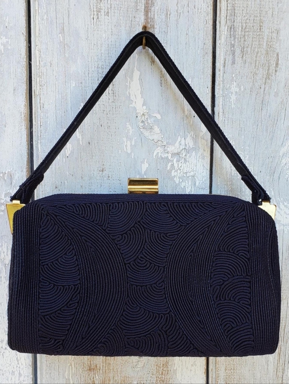 Vintage Navy Evening Top-Handle Cordé Bag With Accessories